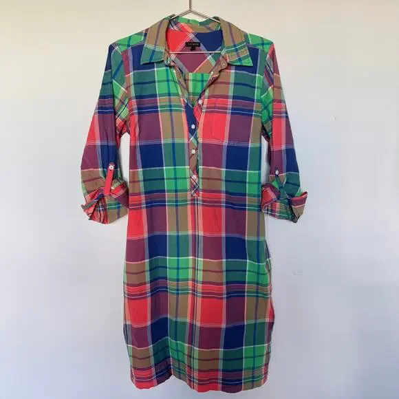 Talbots Womens Madras Shirt Dress 10 Belted Colorful Patchwork Career Teacher - Picture 2 of 7